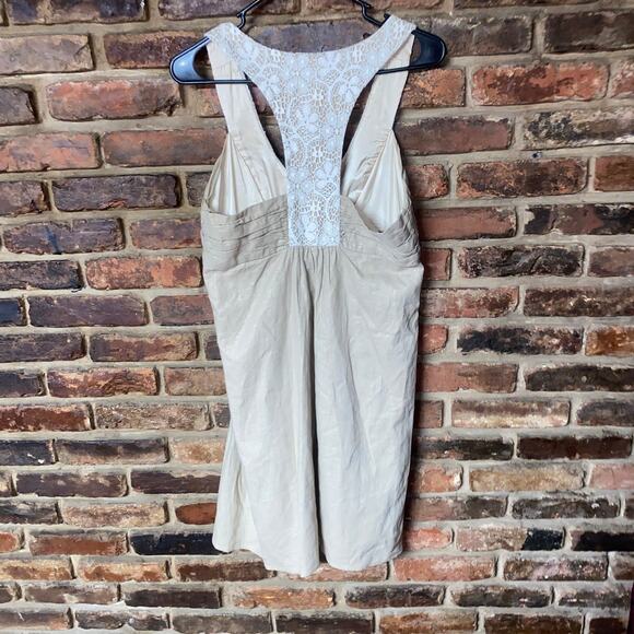 Molly Tan Linen Sleeveless Lace V-Neck Mini Dress Women's Size 8 - Picture 6 of 6